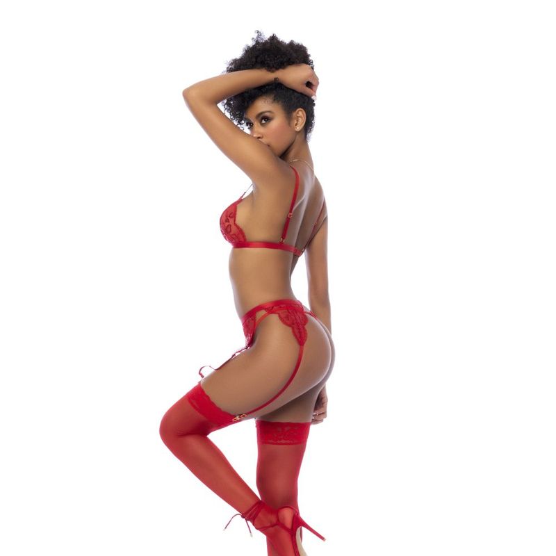 Red 3 Pc Bralette Garter Belt & Thong Set
