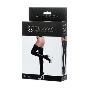 Glossy Wetlook Lace Insert Stockings Eliza Black