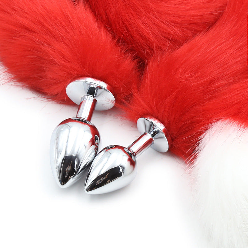 Extra Long Faux Fur Tail With Metal Anal Plug White And Red