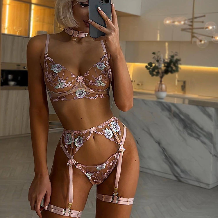 Pink Sexy Sheer Floral Embroidery Lingerie Set