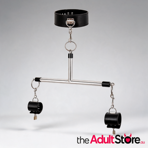 Adjustable PU Leather Collar & Locking Handcuff Spreader Bar Set - Black