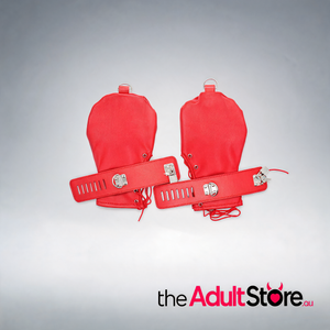 PU Leather Padded Bondage Mitts - Red