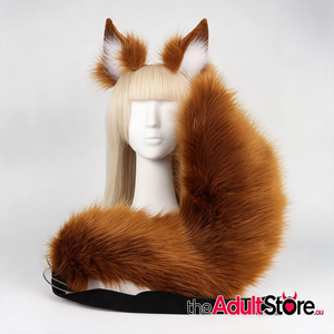 Plush Faux Fur Fox Ears Headband And Tail Set - Brown