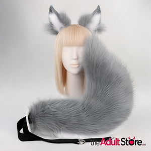Plush Faux Fur Fox Ears Headband And Tail Set - Grey