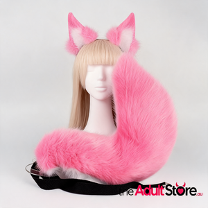 Plush Faux Fur Fox Ears Headband And Tail Set - Pink