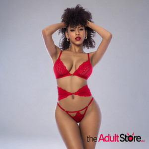 Red 3 Pc Bra Panties & Corset Set