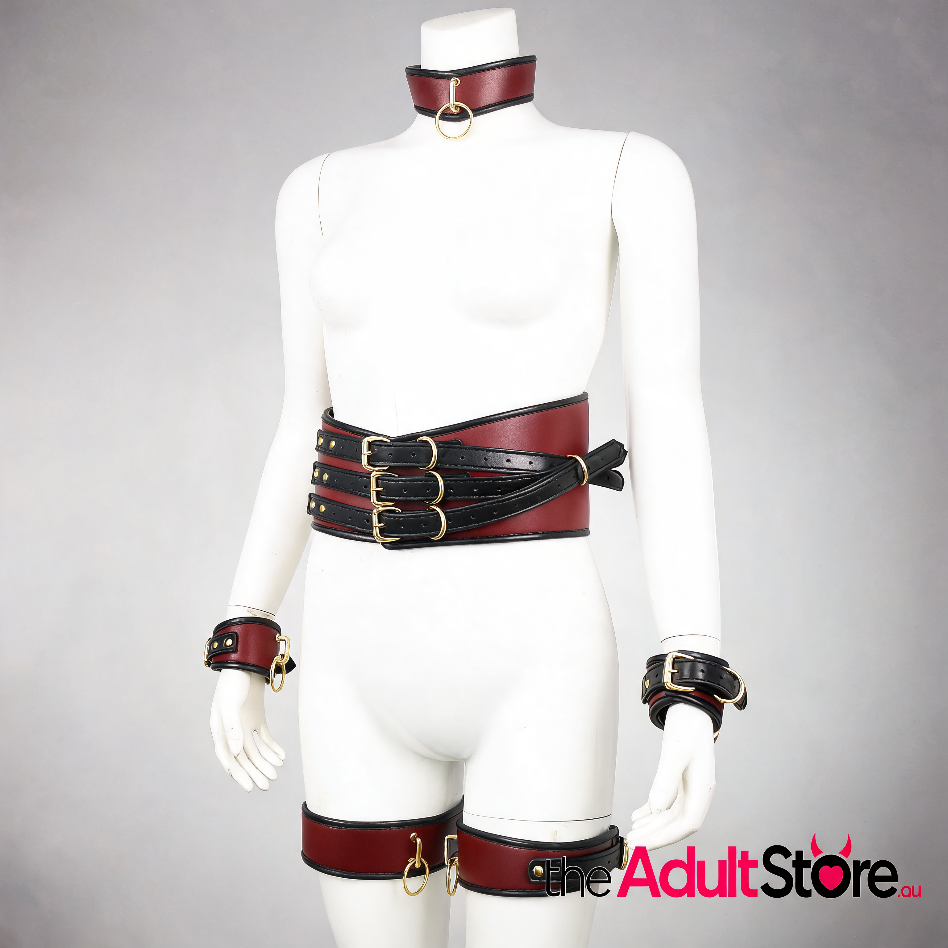 Adjustable PU Leather Bondage Restraint Set - Red