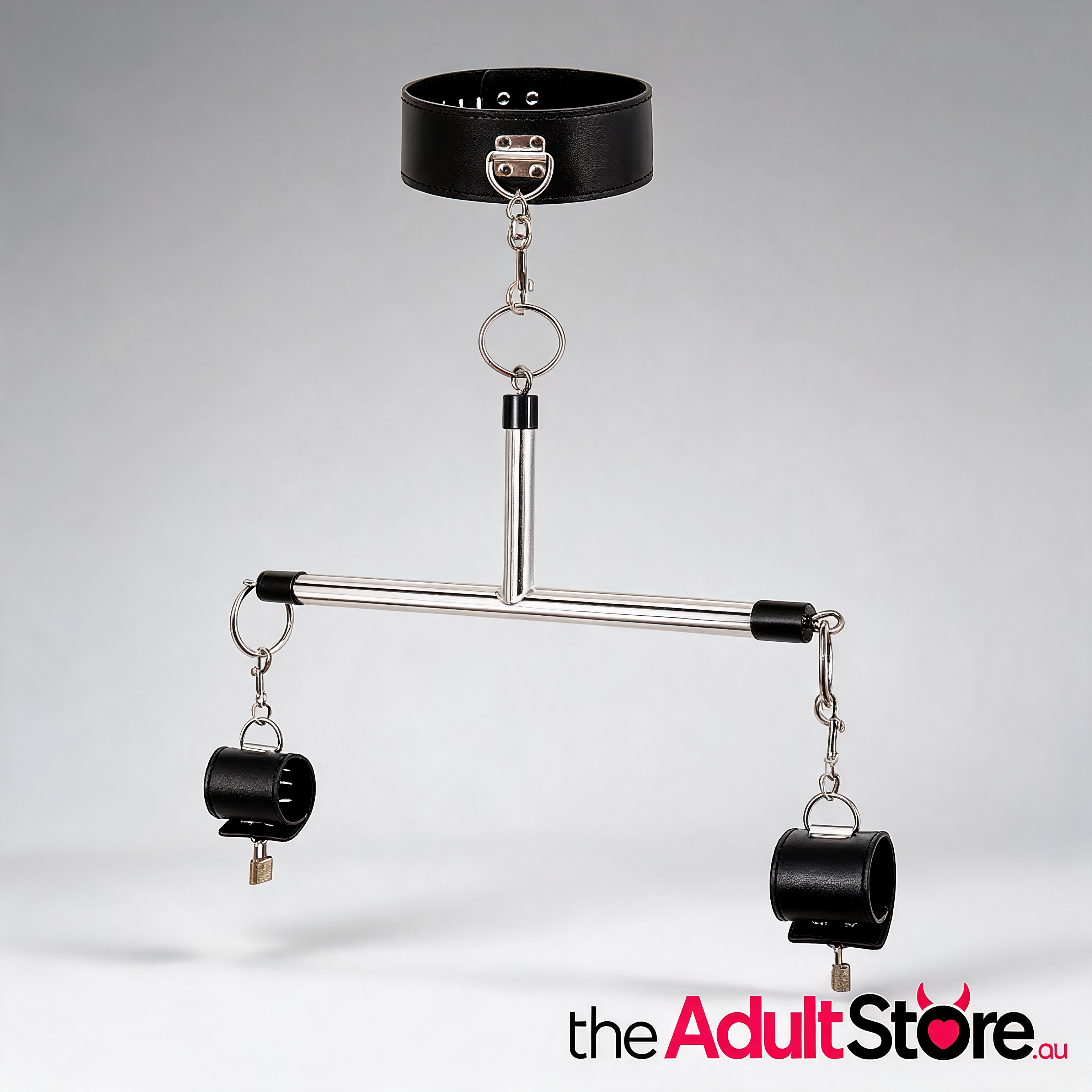 Adjustable PU Leather Collar & Locking Handcuff Spreader Bar Set - Black