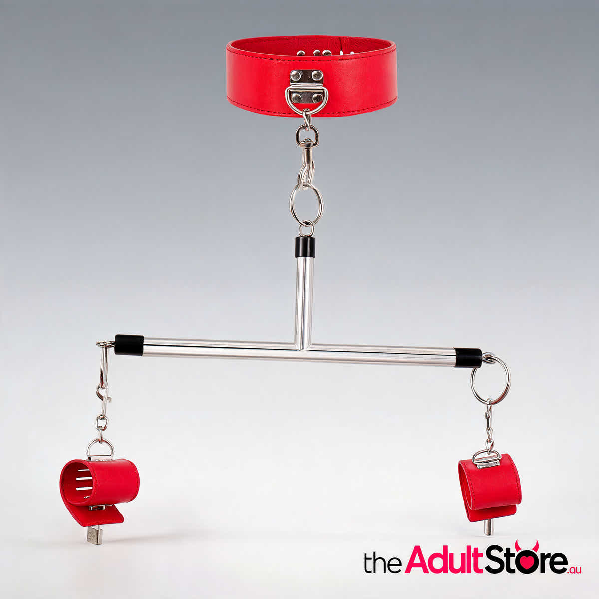 Adjustable PU Leather Collar & Locking Handcuff Spreader Bar Set - Red