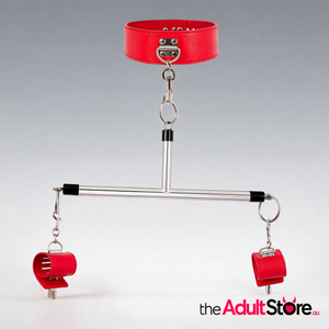 Adjustable PU Leather Collar & Locking Handcuff Spreader Bar Set - Red