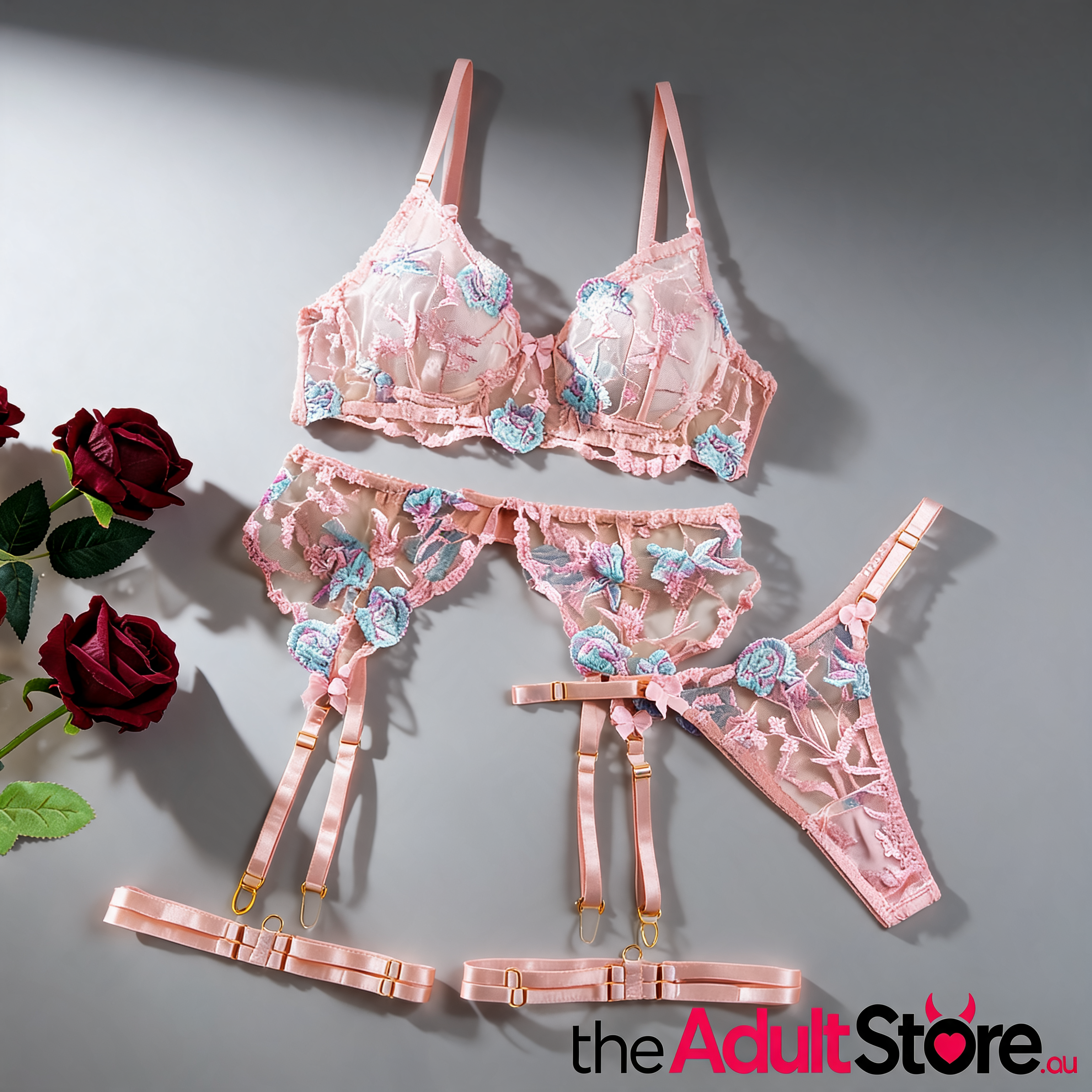 Pink Sexy Sheer Floral Embroidery Lingerie Set