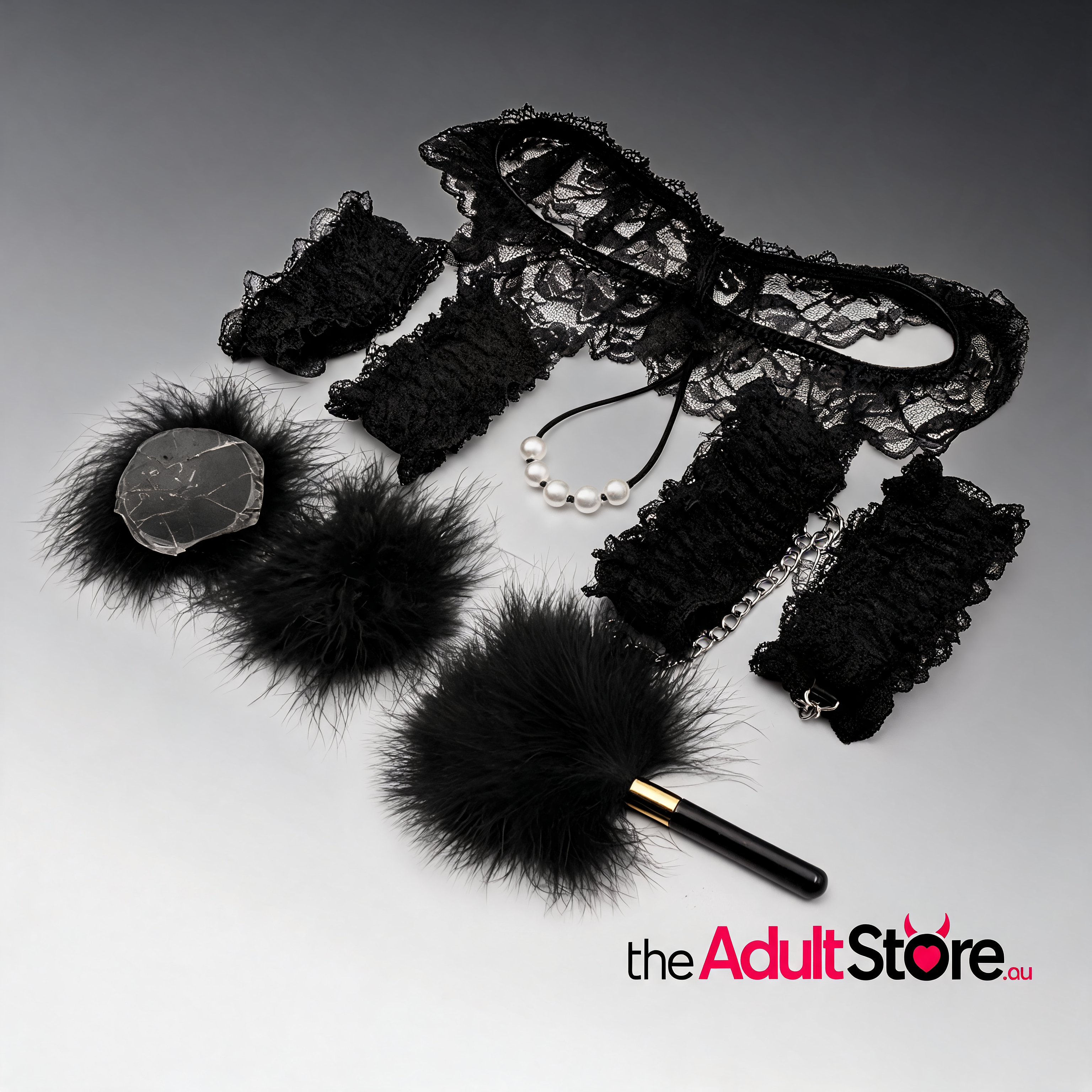 7-Piece Lace & Feather Playful Lingerie Accessory Set - Black
