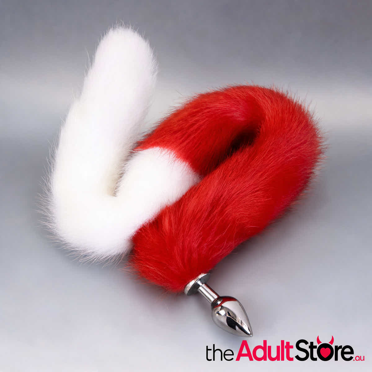 Extra Long Faux Fur Tail With Metal Anal Plug White And Red