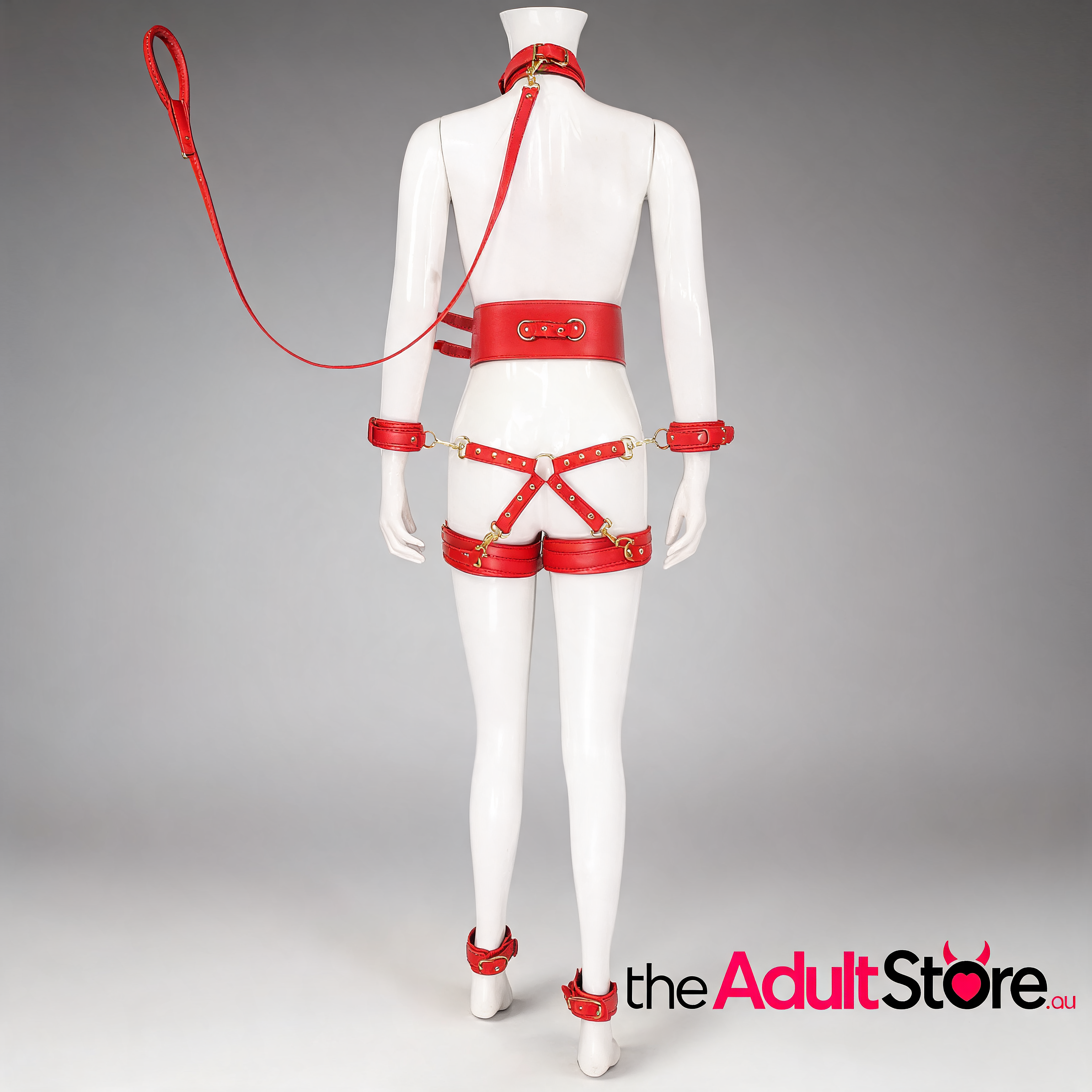 Full Body PU Leather Bondage Restraint Set - Red
