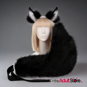 Plush Faux Fur Fox Ears Headband And Tail Set - Black